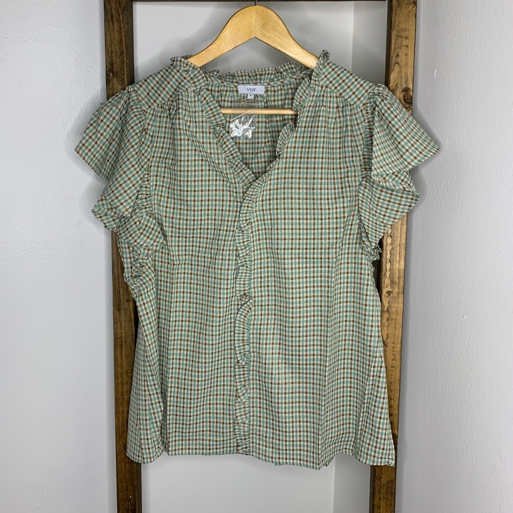 VOY Green Plaid Ruffle Sleeve Blouse Size S